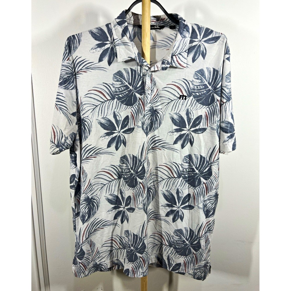 TravisMathew Golf Polo Mens XL Gray Tropical Floral Palm Leaf Peru Performance